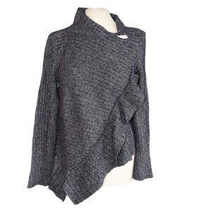 Anthro Knitted & Knotted Navy Marled Ruffle Sweater L Asymmetrical Peplum Cozy